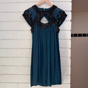 NWOT French Connection Grecian Sequin Chiffon Dress Blue and Black - US size